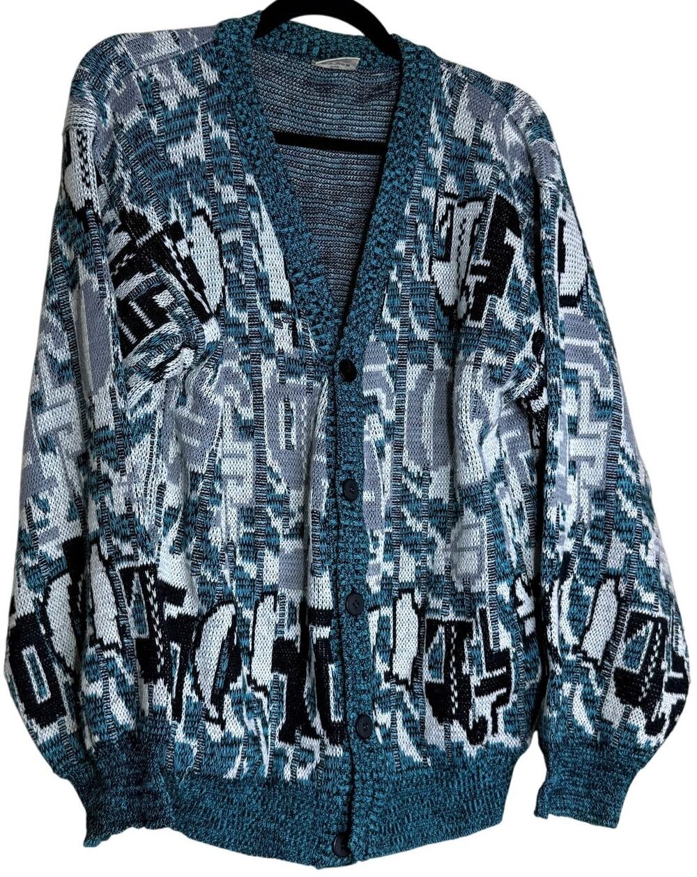 Vintage Abstract Knit Cardigan Teal Angelo Litrico Mens M
